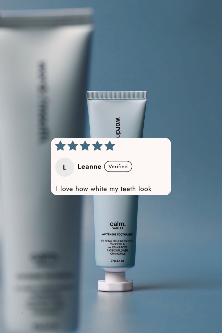 Word of Mouth peroxide-free whitening toothpaste tube, made without mint