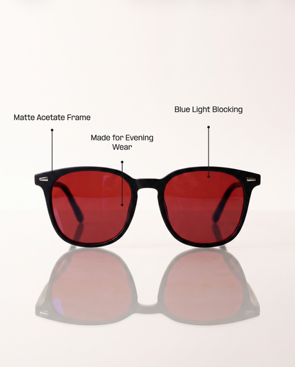 Blue Light Blockers feature diagram: blue light filtering lens, made for evening wear, matte acetate frame