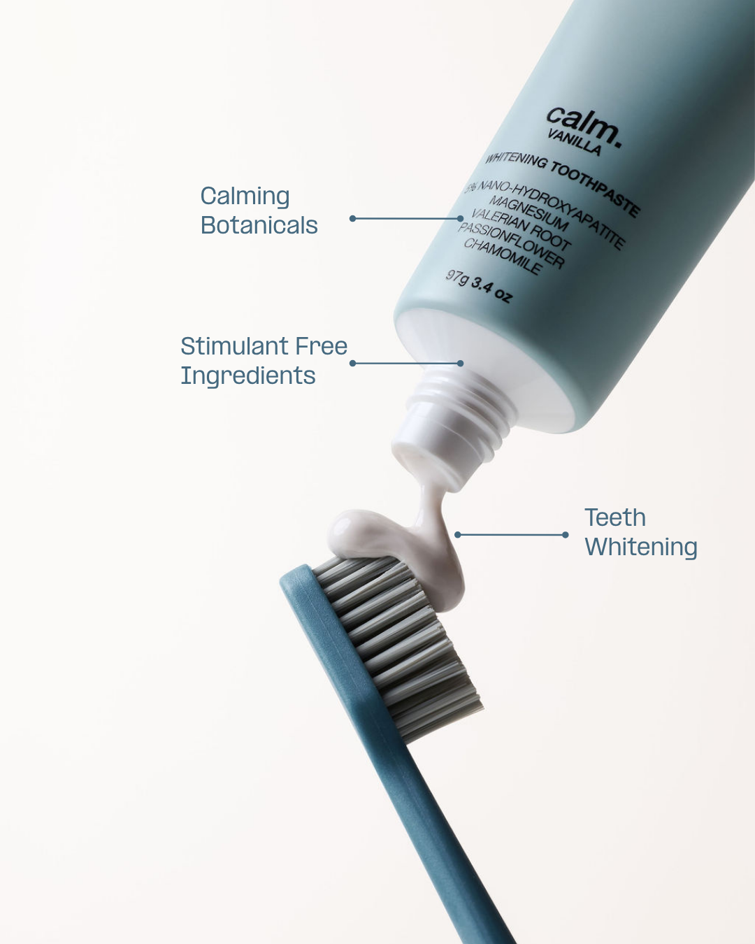 Word of Mouth whitening toothpaste squeezed onto a toothbrush, showing its calming botanicals and stimulant-free formula
