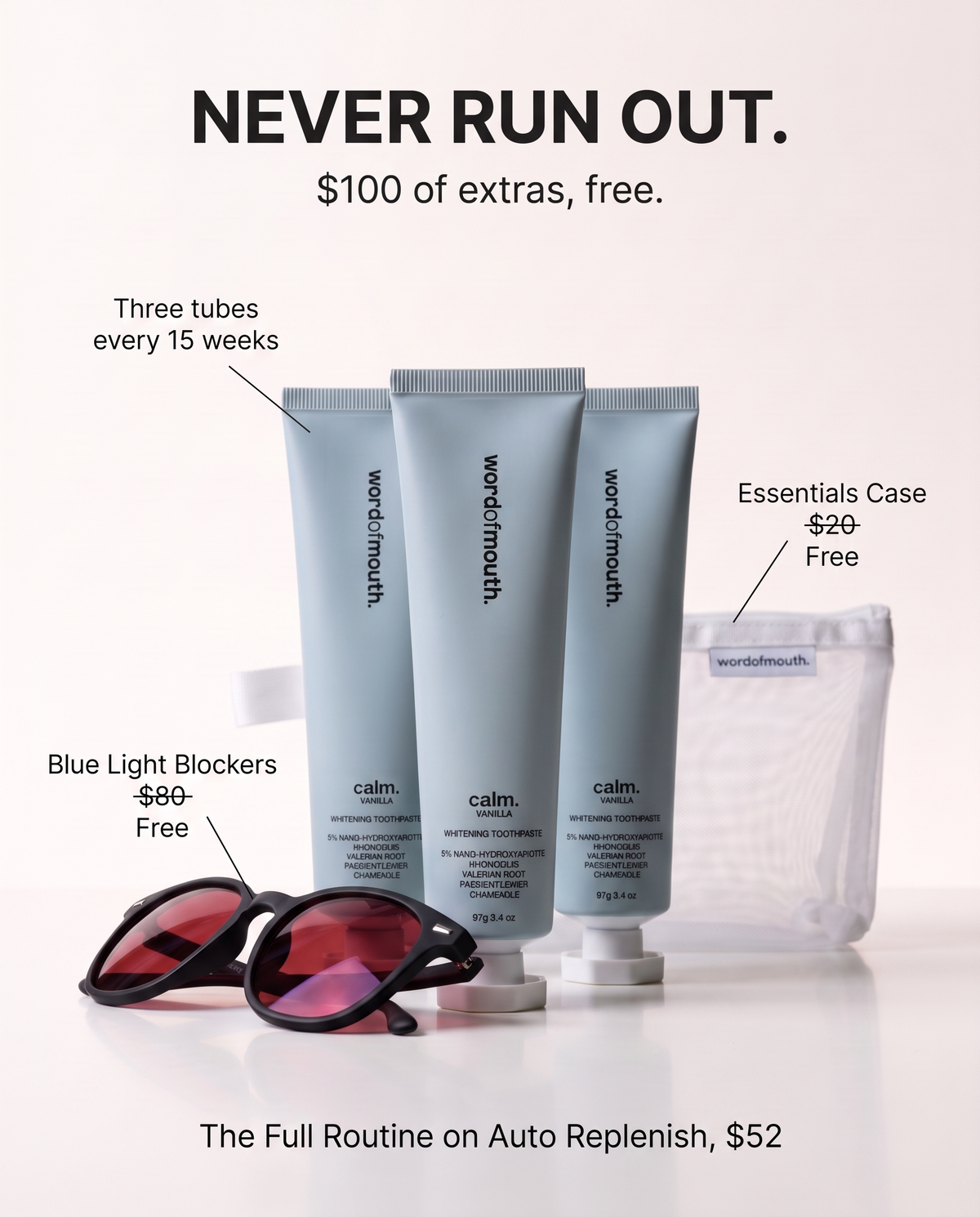 Word of Mouth Full Routine: three whitening toothpaste tubes every 15 weeks with free Blue Light Blockers and Essentials Case