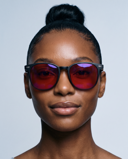 Blue Light Blockers worn front-on, red lenses visible